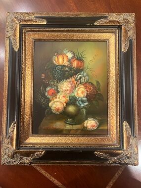 Vintage Framed Floral Oil Painting on wood board with Gold Accents